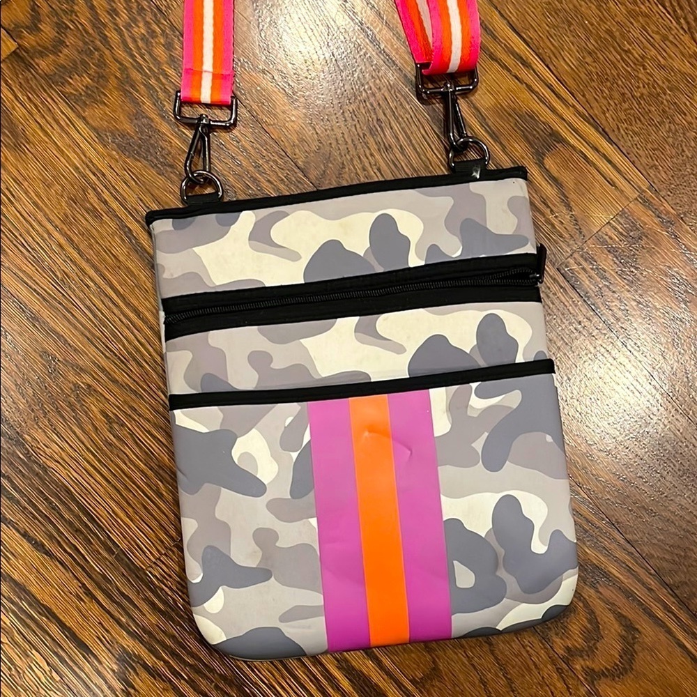 Camouflage Crossbody Bag with Pink and Orange Stripes